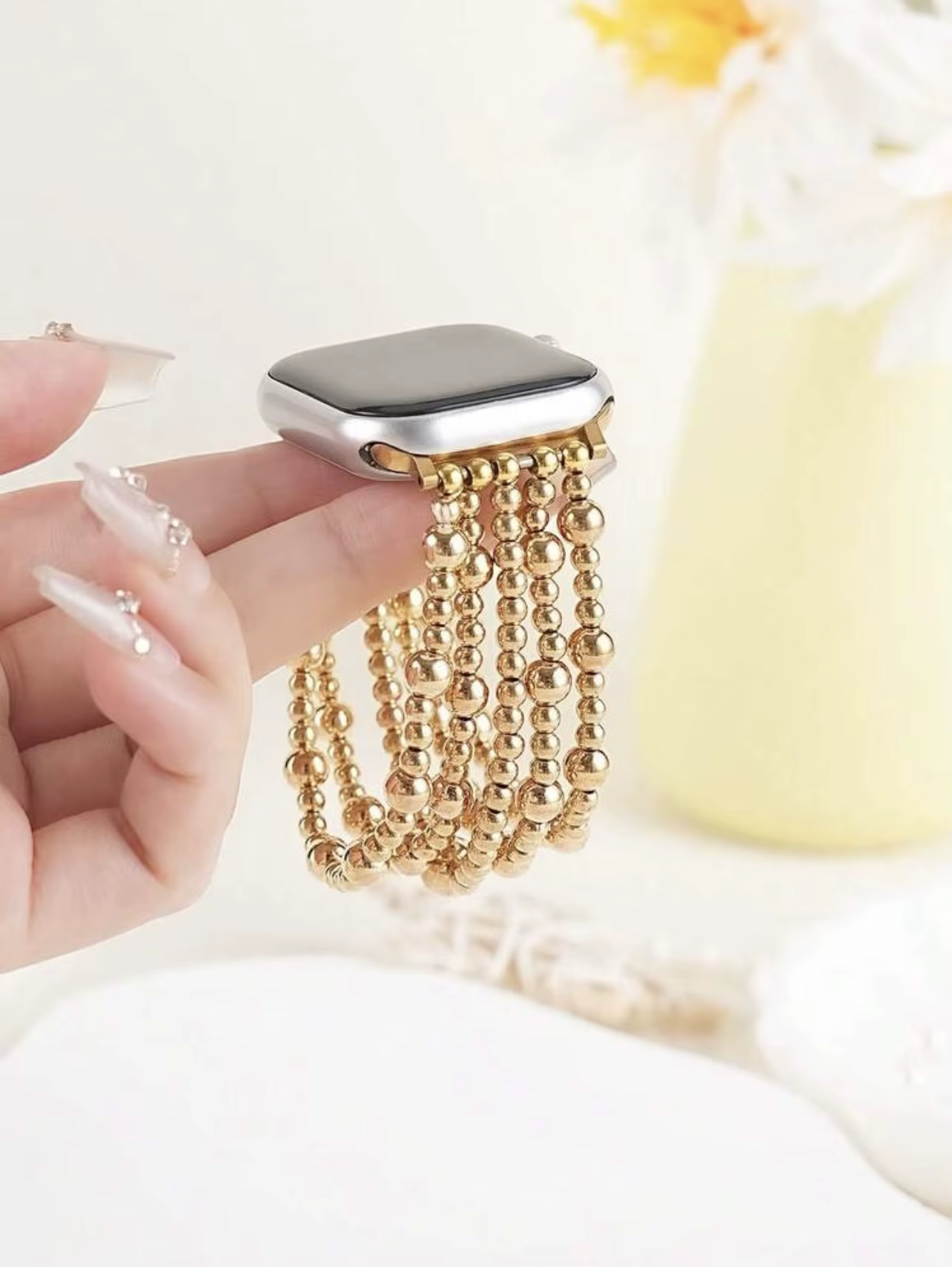 Bracelet de luxe doré à maillons perlés pour Apple Watch