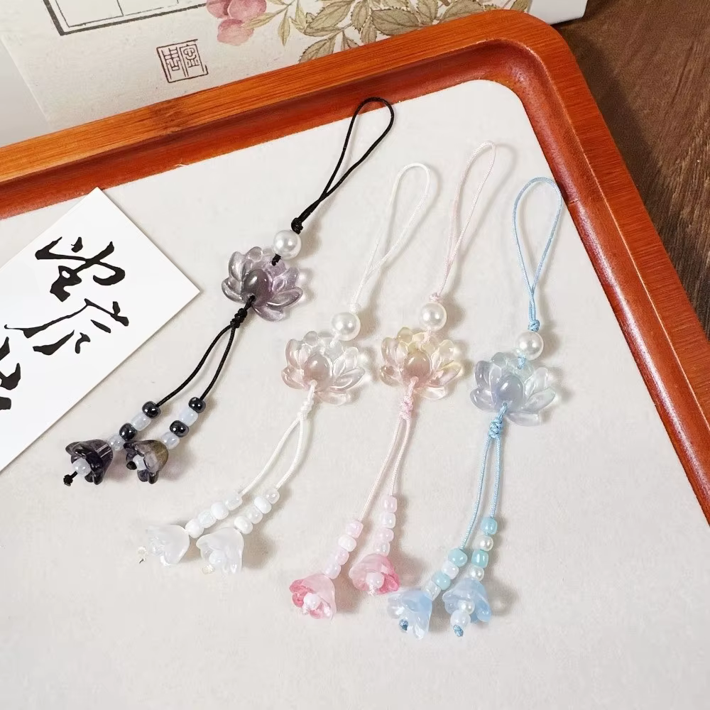 Accessoire de bijouterie, pendentif lotus perlé de style chinois, fait main, vintage, chaîne pour appareil photo, décoration à suspendre pour sac à dos