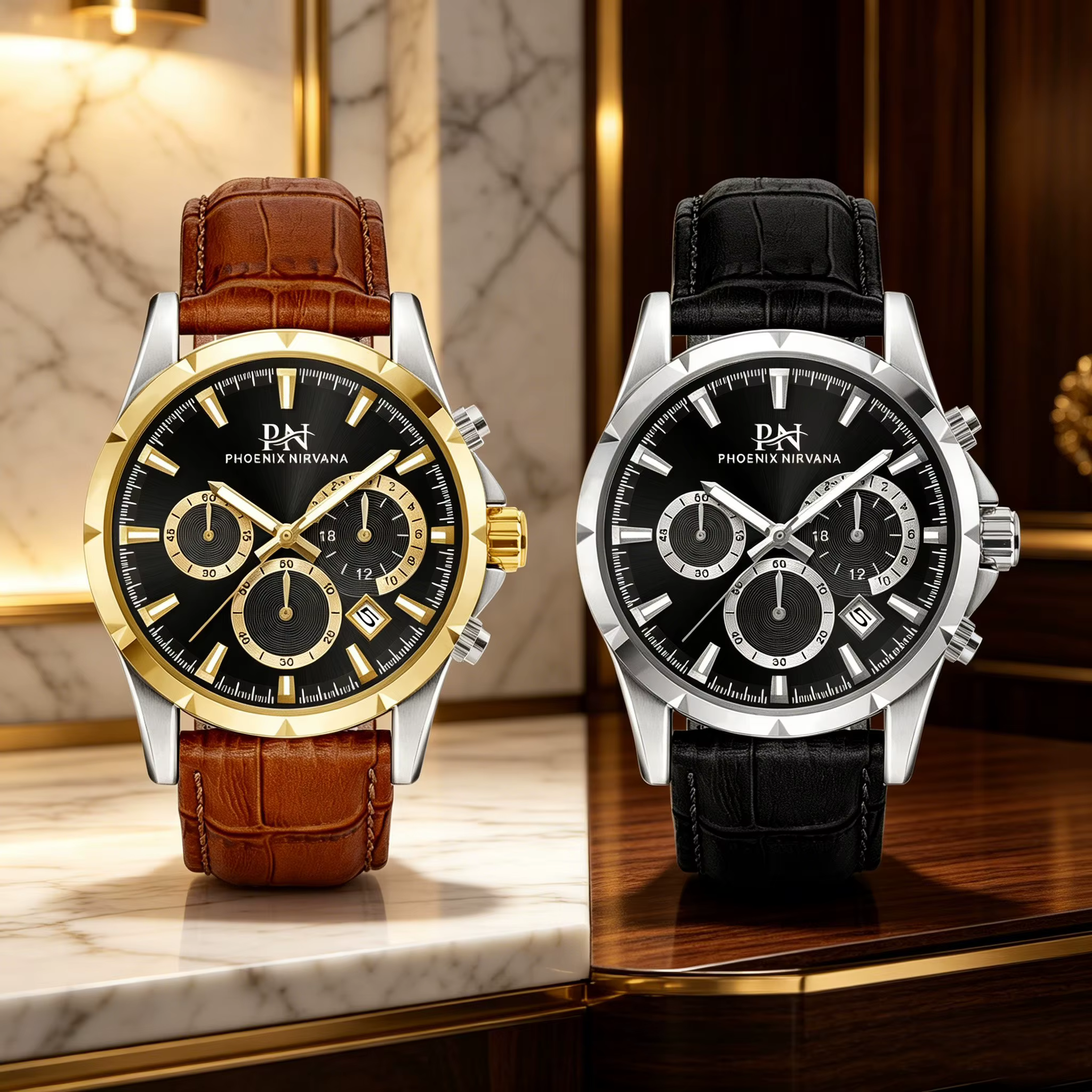 Montre à quartz de luxe pour homme – Chronographe étanche avec bracelet en cuir véritable