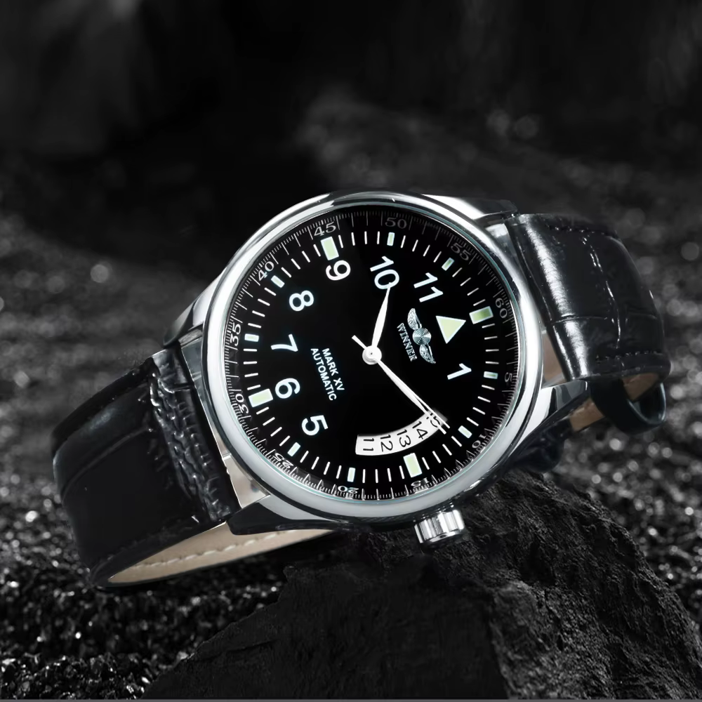 Montre automatique WINNER pour homme, fenêtre de calendrier, cadran noir tendance, bracelet en cuir tendance, montre mécanique de luxe de marque