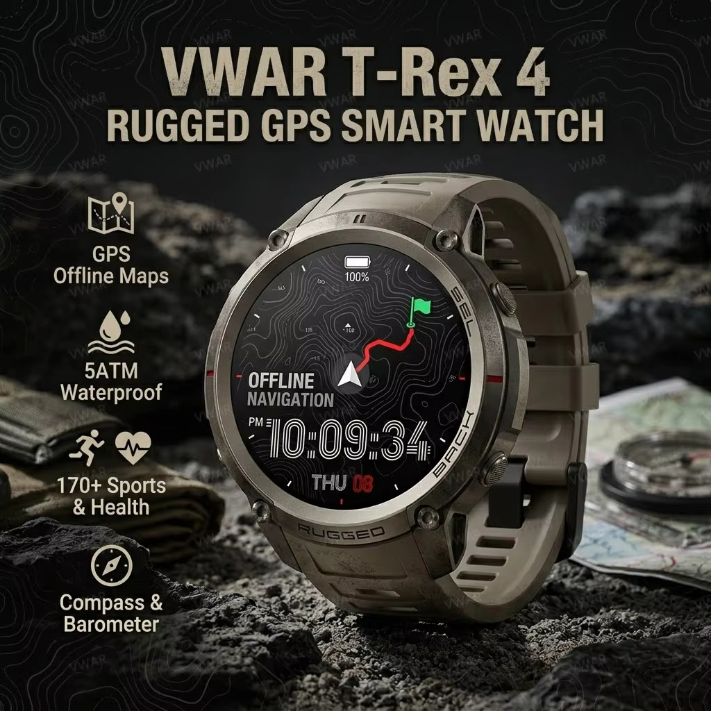 Nouvelle montre connectée GPS VWAR T-Rex 4 2026 avec cartes hors ligne, montre intelligente de sport militaire pour hommes, étanche 50m pour la natation, saphir, altimètre