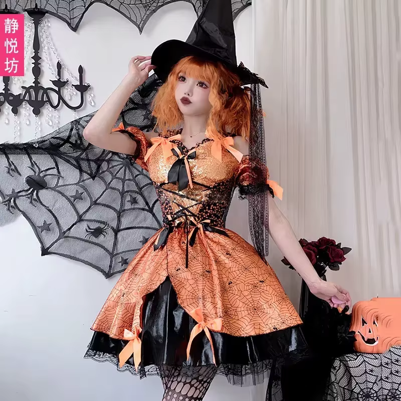 Costume d'Halloween Sexy et Mignon pour Femme, Robe de Sorcière Citrouille Cosplay Anime