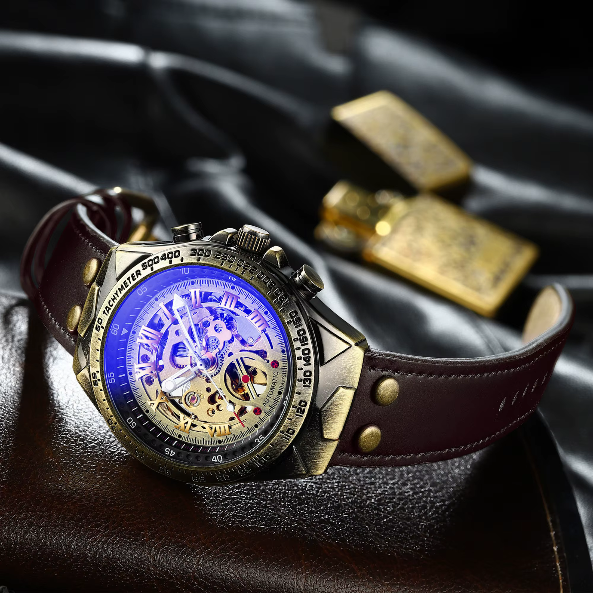 Montre mécanique automatique pour homme, boîtier en alliage, cadran ajouré, bracelet, montre-bracelet de luxe à remontage automatique, cadeau pour les messieurs