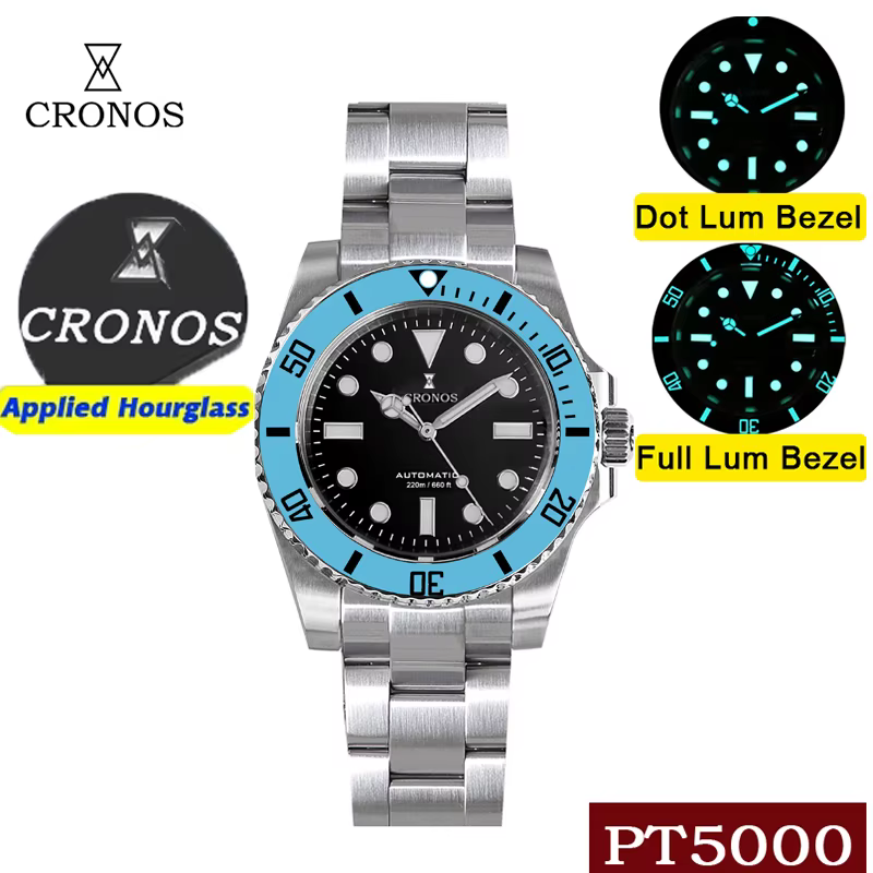 Cronos Sub Diving Montre mécanique automatique pour homme sans date PT5000 Bracelet brossé Lunette en céramique Étanche 200m Fermoir réglable L6005