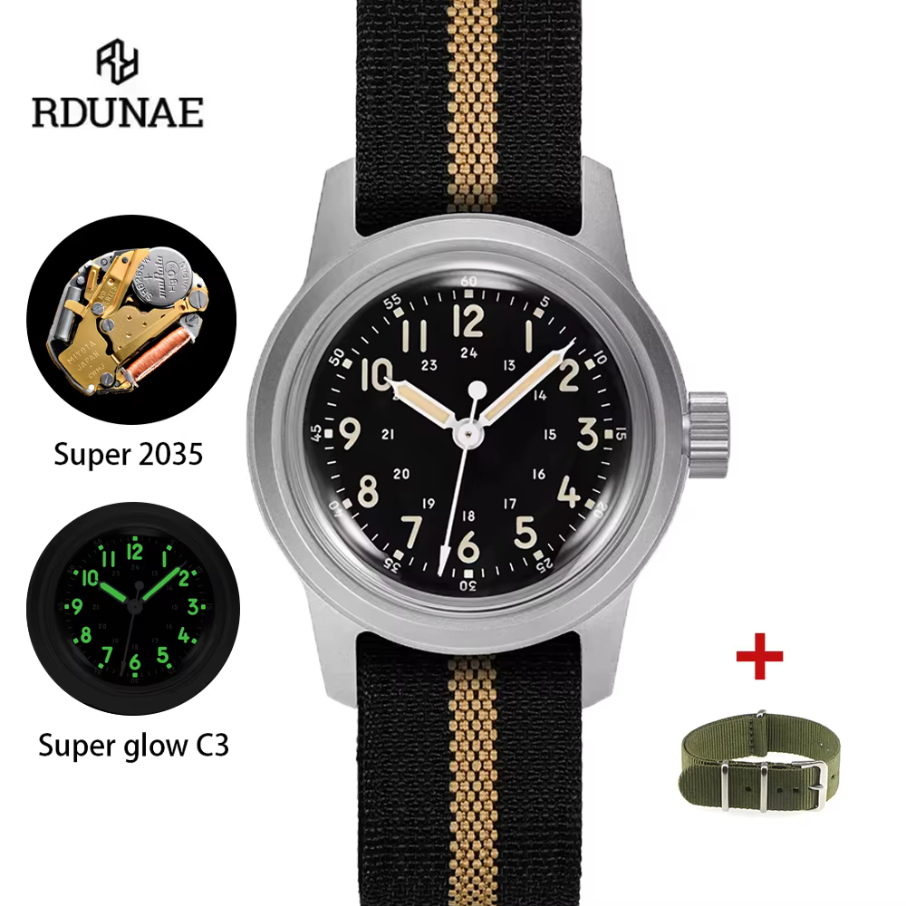 RDUNAE RA06 2025 nouvelle montre à Quartz militaire rétro pour hommes 2035 mouvement K1 verre minéral acier inoxydable étanche 5Bar lumineux