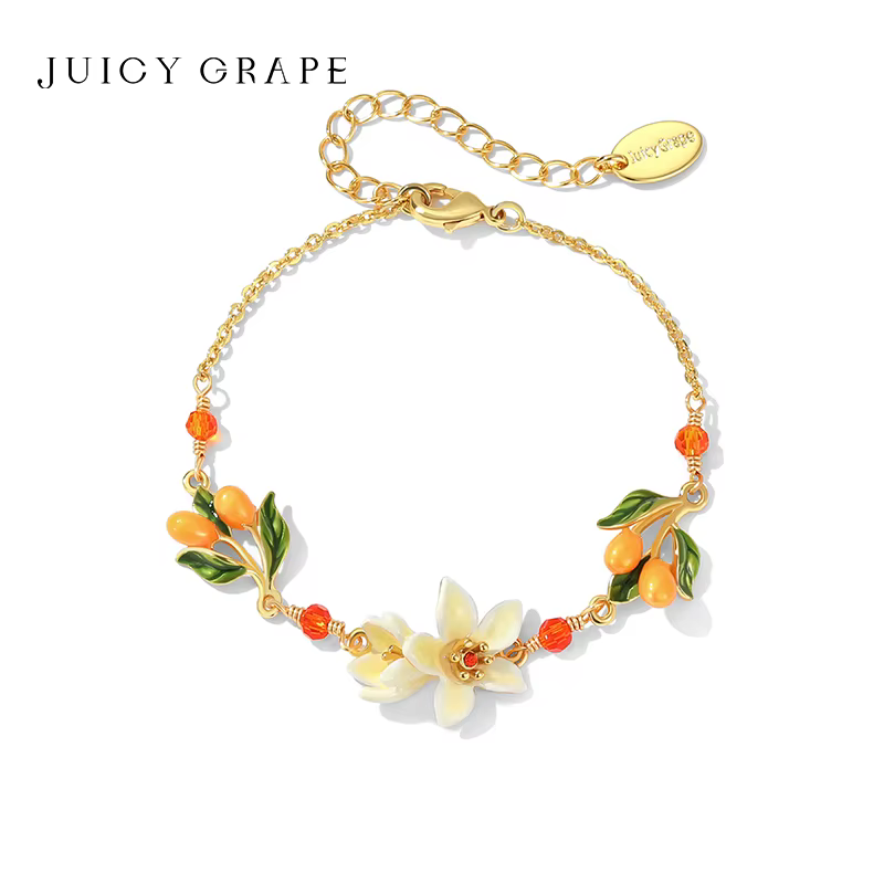 Bracelet en émail fleuri pour femme, plaqué or 18 carats, avec fleur d'oranger blanche et petit kumquat, idéal pour les fiançailles et les cadeaux de Noël