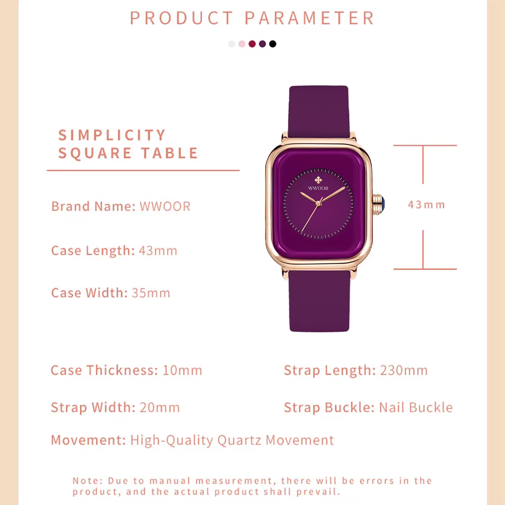WWOOR marque de luxe montres pour femmes mode carré violet dames Quartz montre-bracelet étanche bracelet en Silicone Relogio Feminino