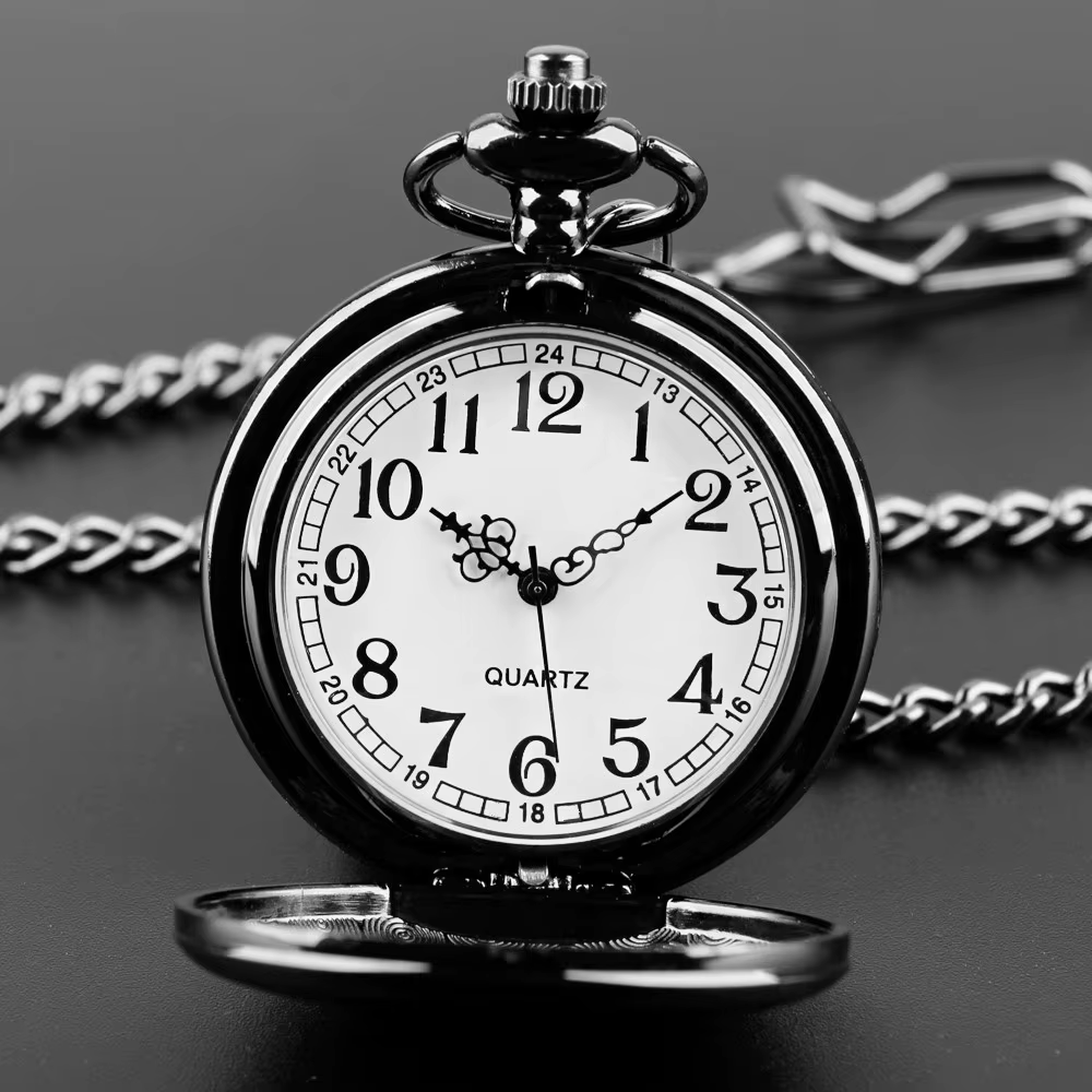 Montre de poche vintage à quartz noir pour hommes | Boîtier en alliage avec finition brillante | Cadran rond