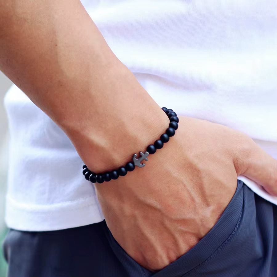 Marine Turtle Anchor Tree Of Life Beaded Bracelet For Men Women Handmade 6mm Black Stone Yoga Meditation Strand Braslet Pulsera