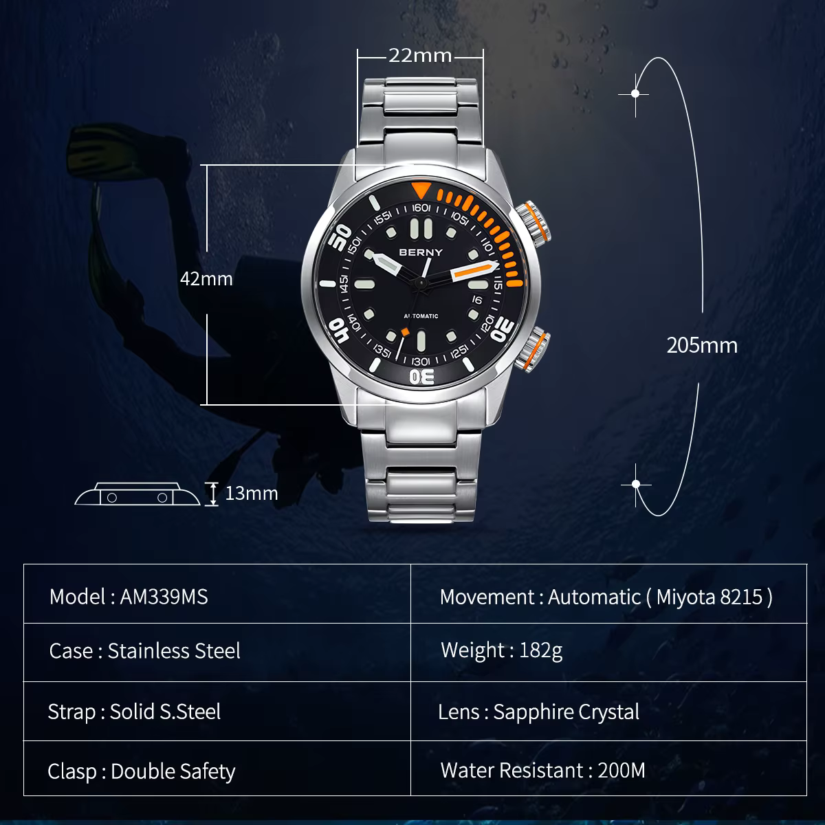 Montre de plongée automatique BERNY pour hommes