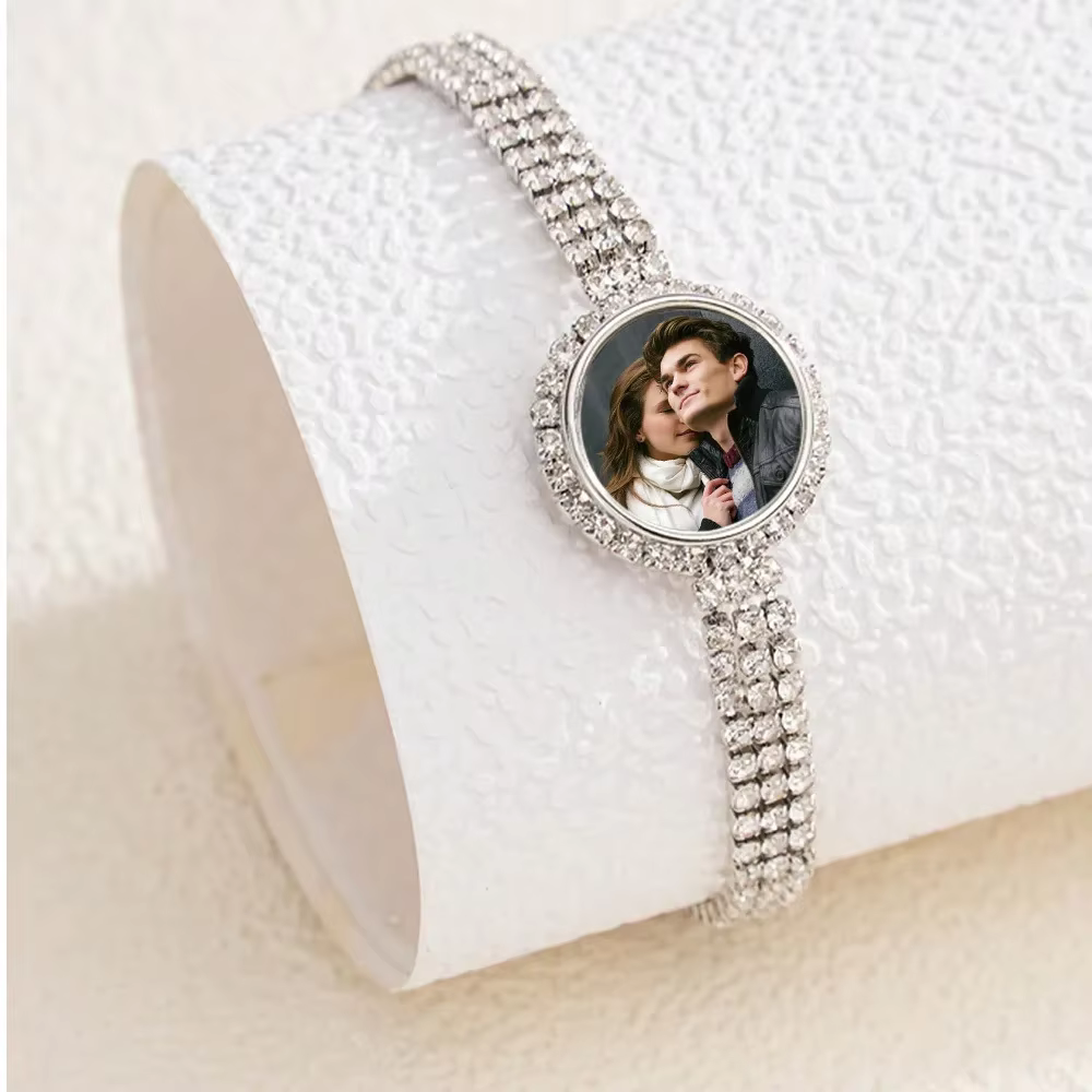 Bracelet personnalisé avec photo et strass pour femme, bijou personnalisé avec image de famille ou de couple, souvenir cadeau pour anniversaire