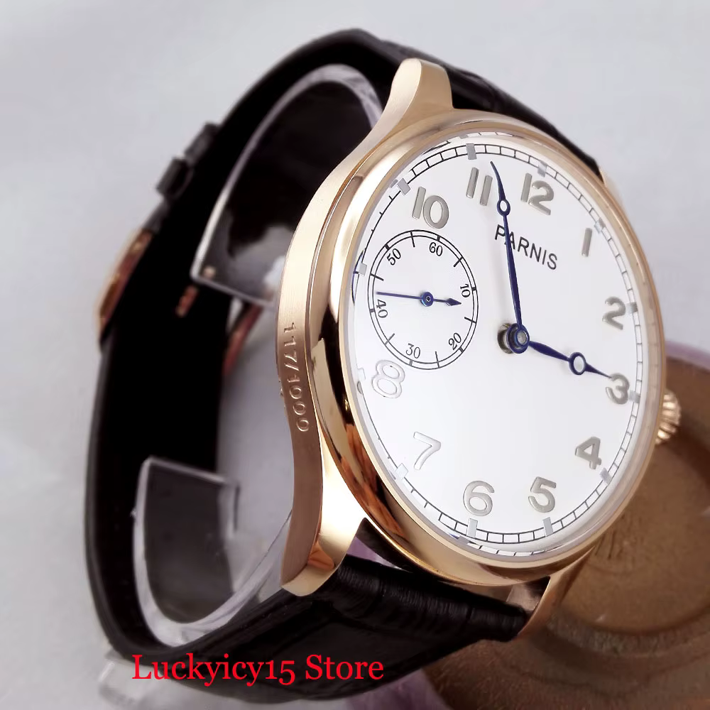 Montre-bracelet ronde à remontage manuel en or rose pour homme, cadran blanc, mouvement à main 6497, 44mm