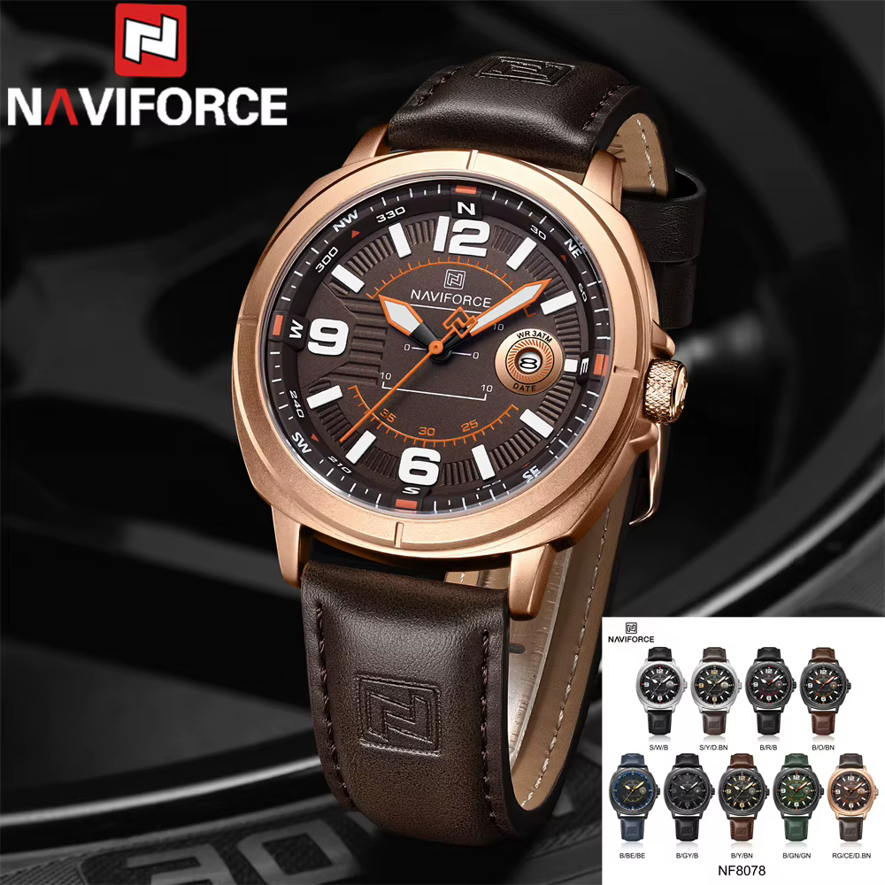 NAVIFORCE hommes montre-bracelet haut de gamme de luxe Auto Date montre d'affaires en cuir Sport militaire Original Quartz mâle horloge cadeau 8078