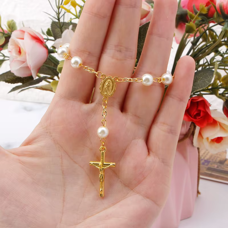Mini chapelet multicolore pour femmes, perles de baptême, cadeau religieux, croix catholique, chaîne de doigt, Bracelet, DXAA