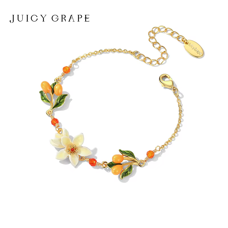 Bracelet en émail fleuri pour femme, plaqué or 18 carats, avec fleur d'oranger blanche et petit kumquat, idéal pour les fiançailles et les cadeaux de Noël