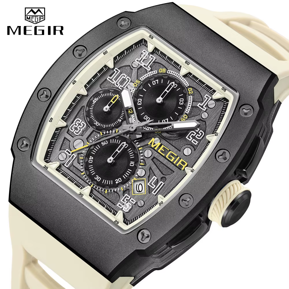 MEGIR chronographe montre à Quartz pour hommes mode étanche lumineux bracelet en Silicone 316 boîte en acier inoxydable mâle montre-bracelet Date