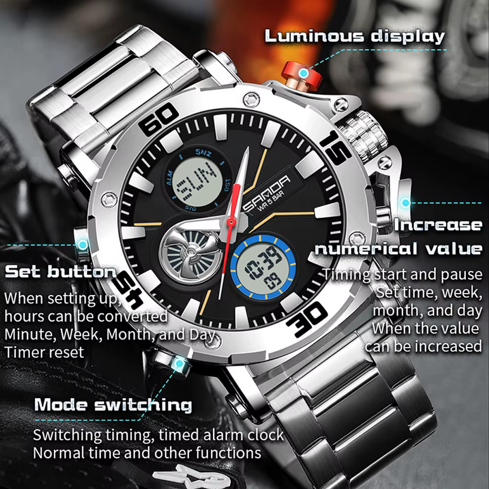 SANDA Original Sport montre-bracelet pour hommes Quartz double affichage montre numérique homme étanche montres militaires Relogio Masculino