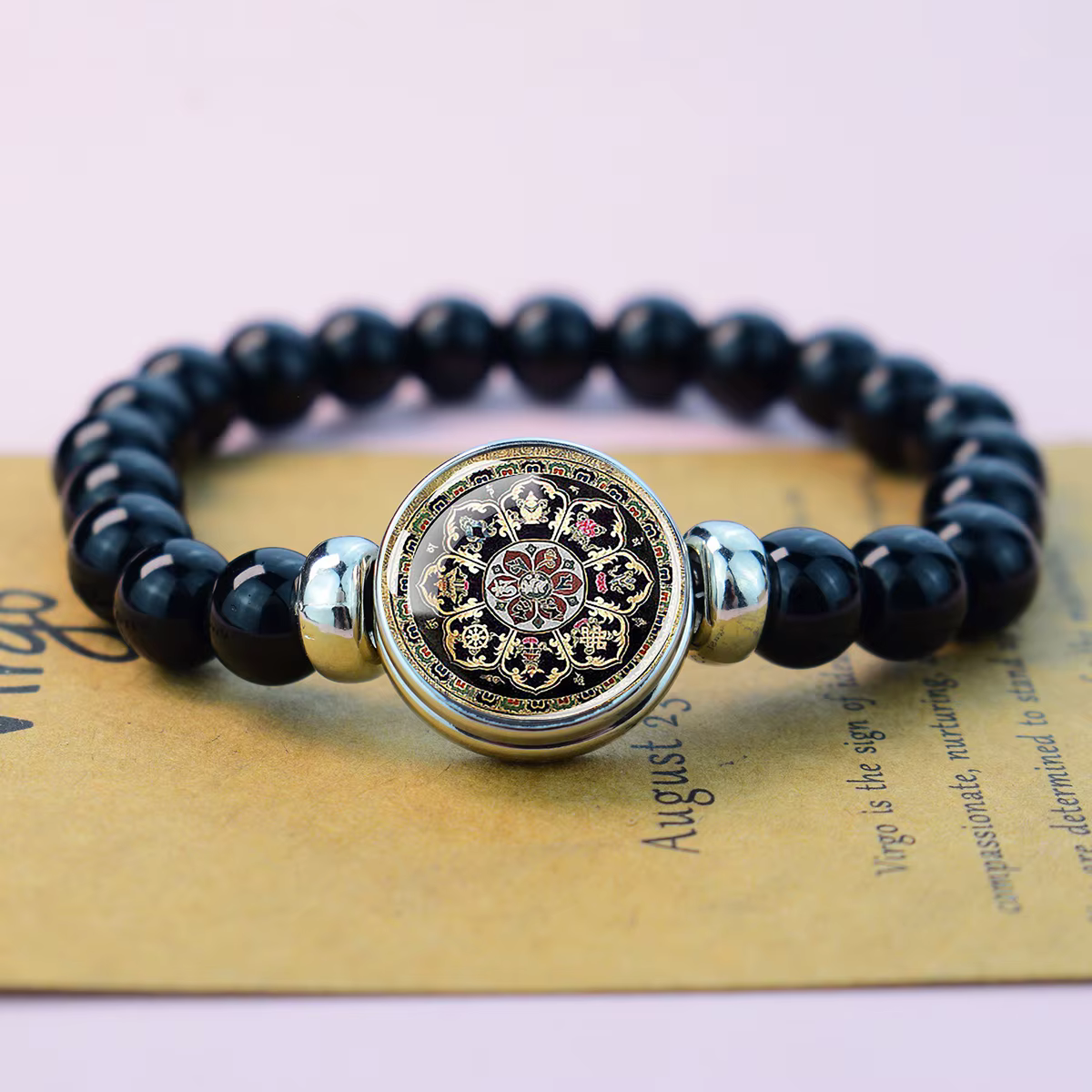 Bracelet extensible en perles noires spirituelles Mandala Sri Yantra, bracelet de méditation yoga avec dôme en verre