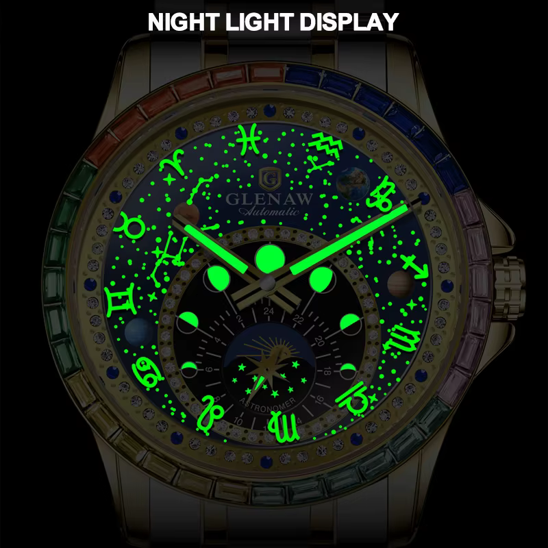 2025 nouveau GLENAW Design arc-en-ciel cercle montre mécanique hommes Constellation cadran veilleuse étanche haut de