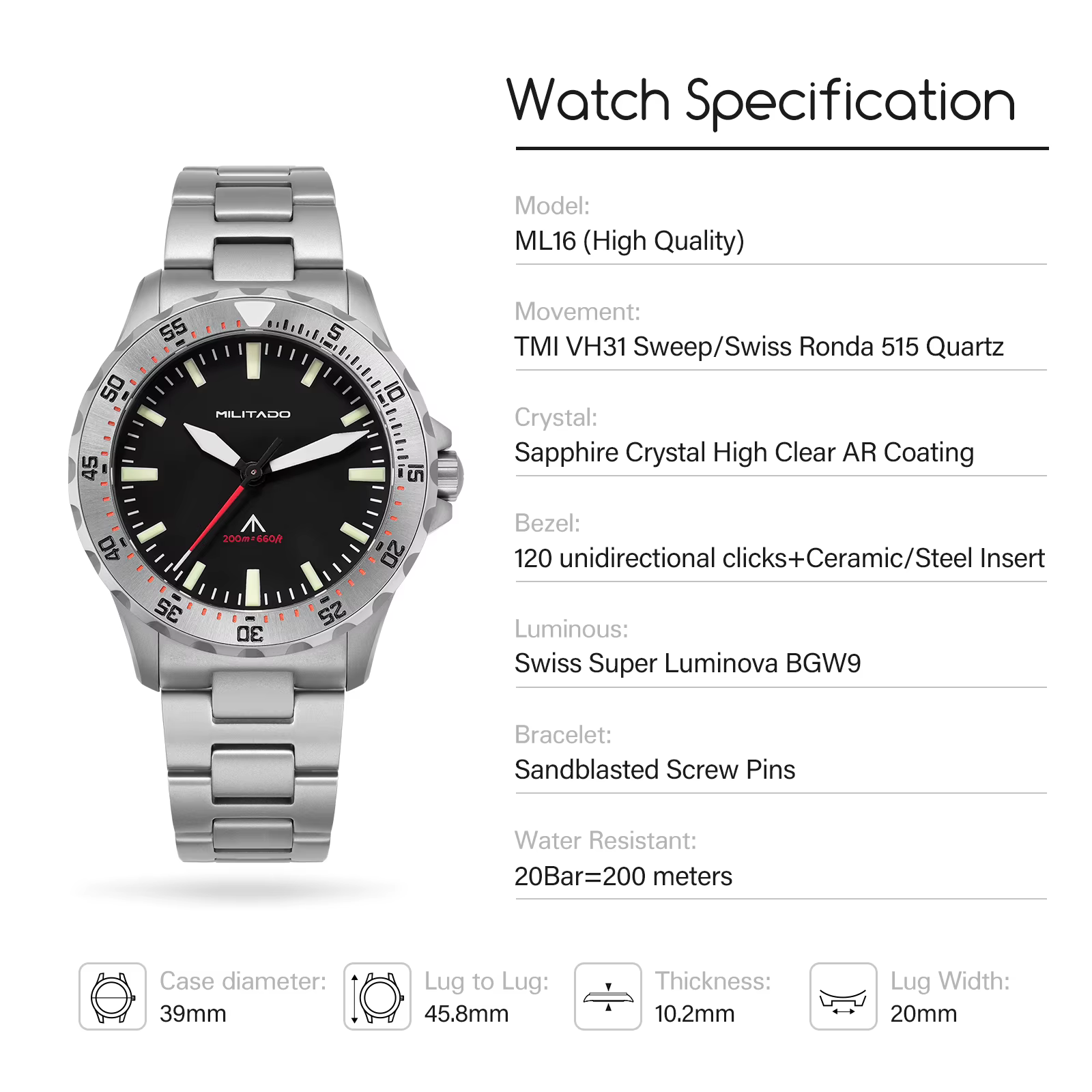 Militado – montre de plongée ML16 39mm