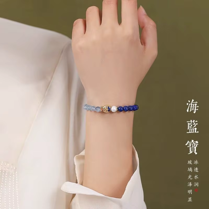 Bracelet aigue-marine en argent regardé 999 pour femme, Lapis Ludéviation simple, perles à la main, bijoux en perles pour filles, cadeaux, nouveau