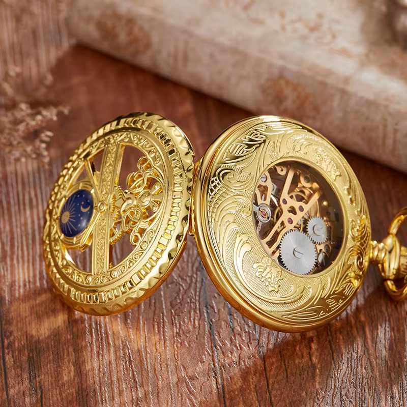 Montre de poche mécanique squelette vintage dorée