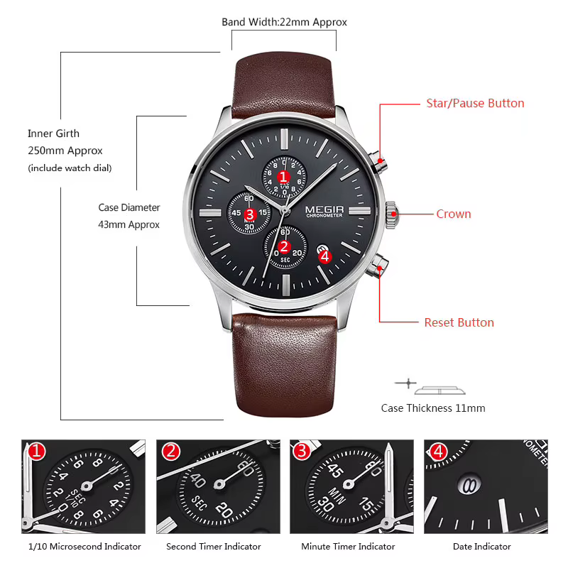 Mode Megir 2011 Top marque Quartz hommes lumineux étanche montre de sport homme Commercial en cuir véritable affaires montres