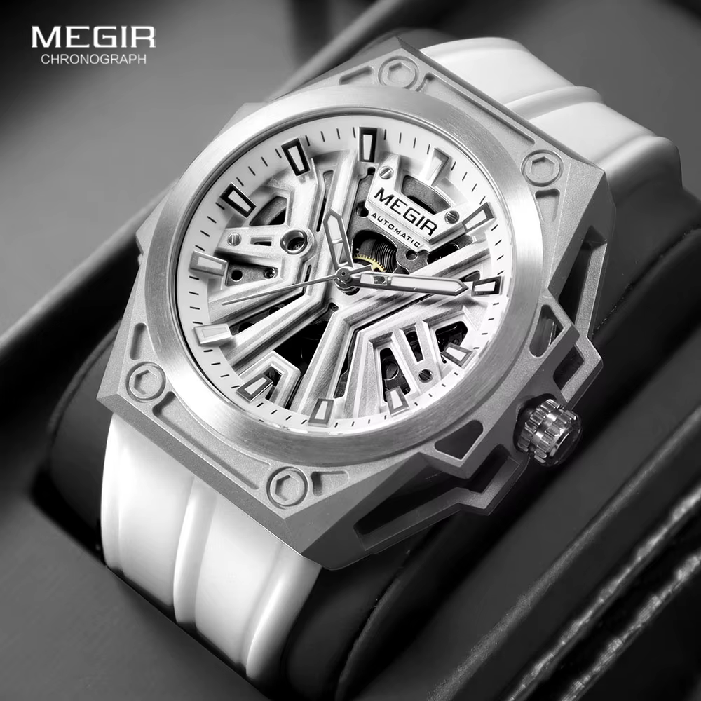 MEGIR montre automatique de mode pour hommes Sport militaire montre-bracelet mécanique étanche avec cadran squelette bracelet en Silicone 8603