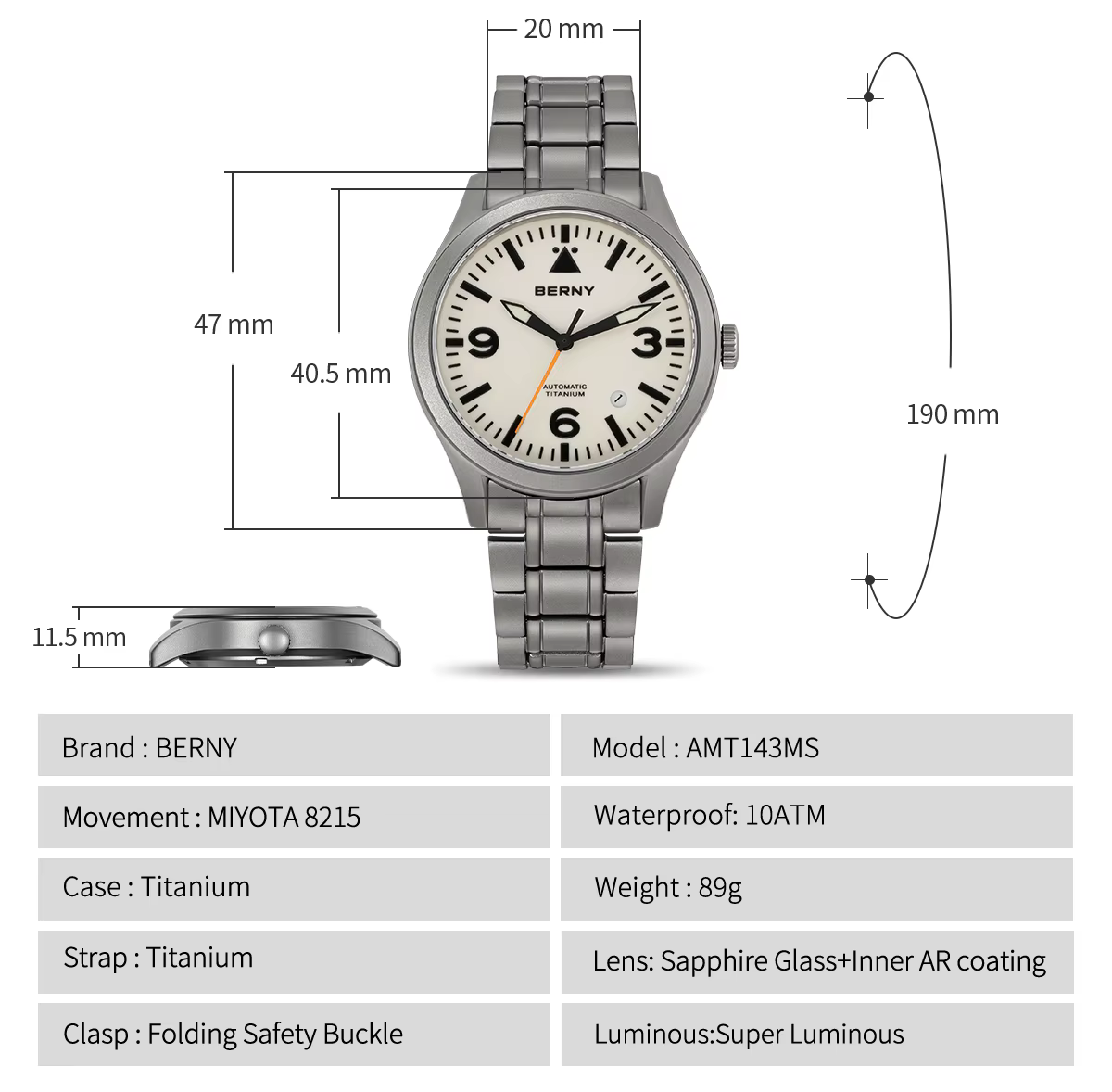 Montre mécanique en titane pour hommes BERNY Aviation