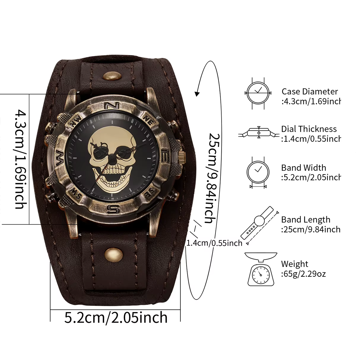 Montre pour homme avec cadran tête de mort rétro