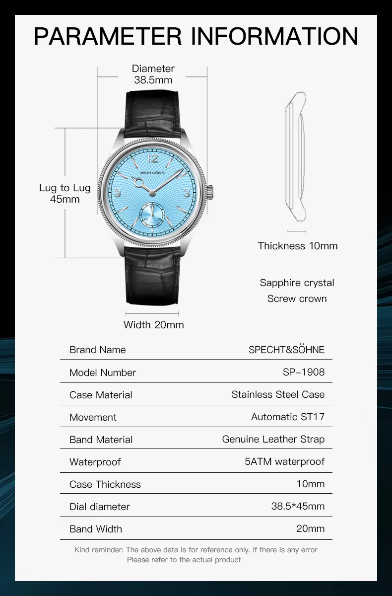 Vente chaude Spech t & Söhne montre mécanique pour hommes à la mode en cuir véritable et acier inoxydable 50M étanche