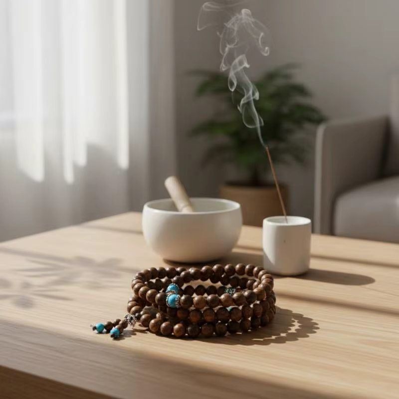 Bracelet Mala en bois pour la guérison spirituelle, 108 perles de prière en turquoise de 8 mm pour l'équilibrage des chakras