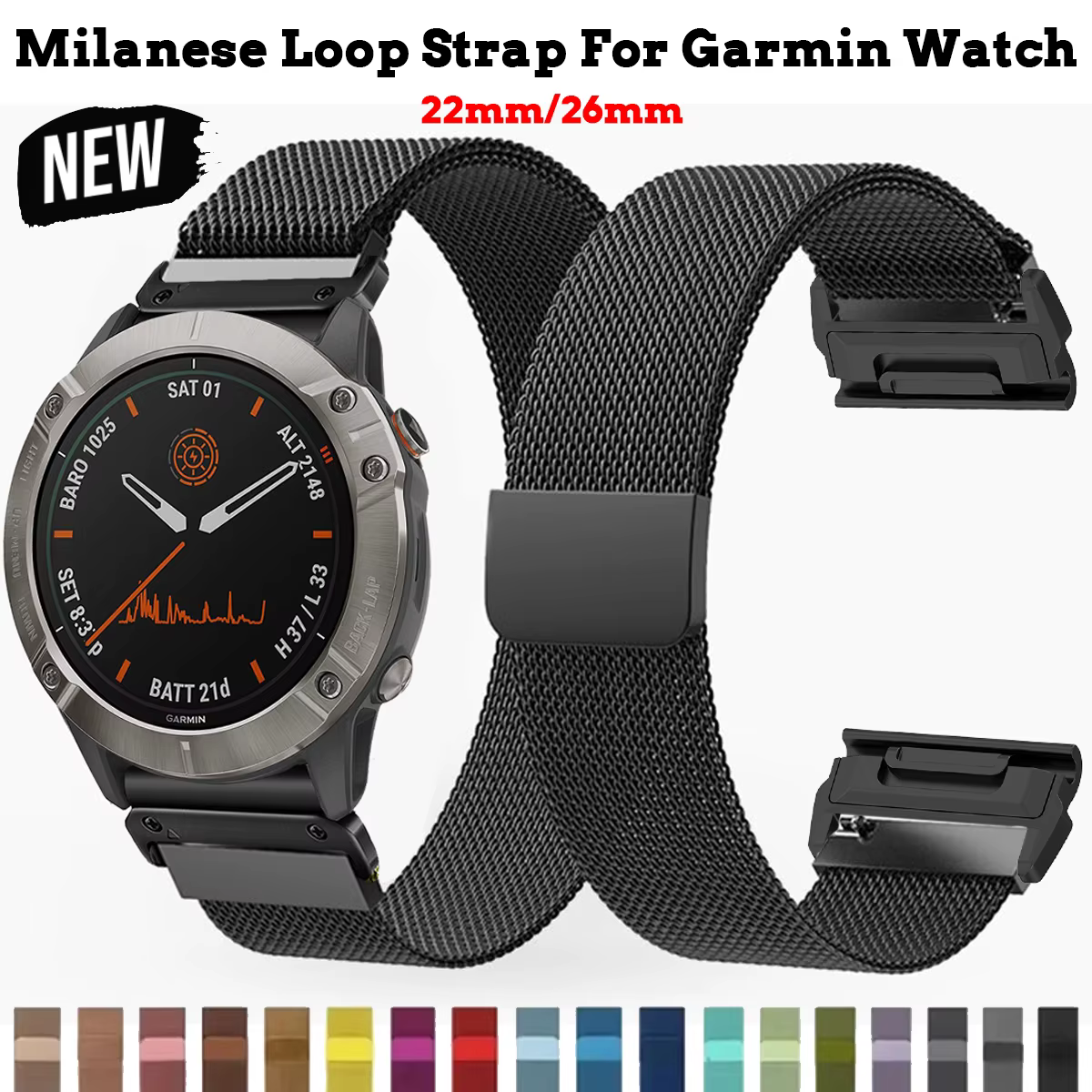 Bracelet milanais 22/26mm pour montre Garmin Fenix 8 51 /Epix Pro Gen2 51mm 47mm/6X 7X Pro/Fenix 5XPlus forerunner 570 965