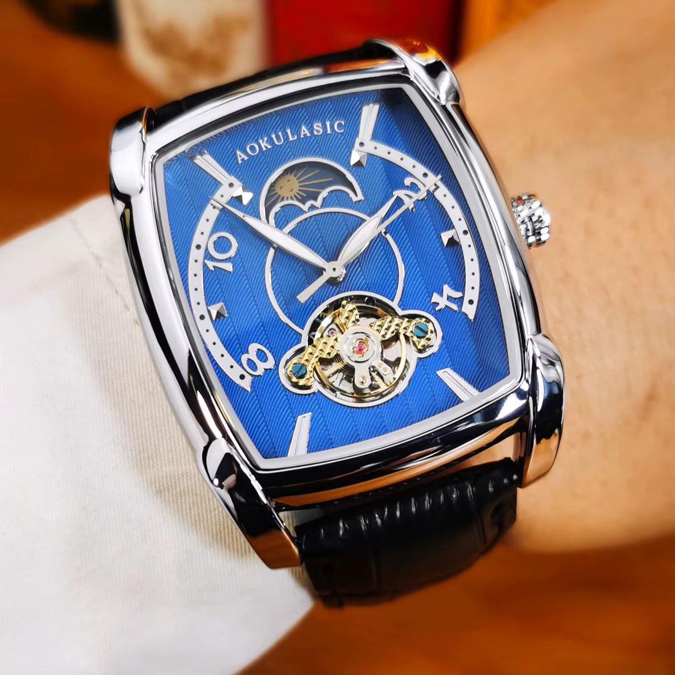 Tonneau Phase de lune montre automatique pour hommes marque de luxe Tourbillon squelette montres mécaniques ceinture en cuir aiguilles lumineuses horloge
