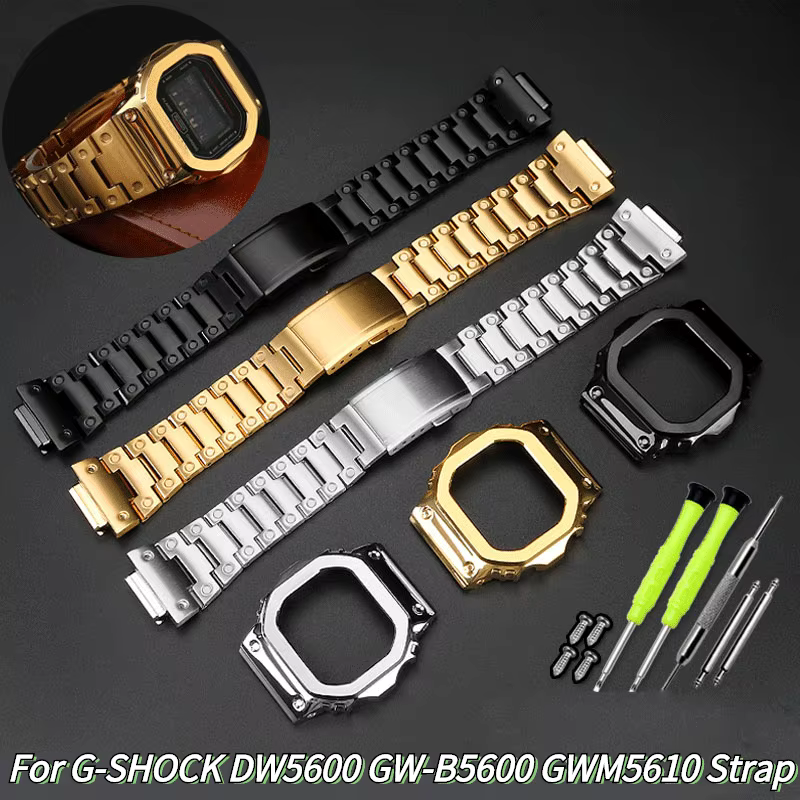 Localité noir Pour mol G-SHOCK DW5600 GW-B5600 GWM5610 Acier inoxydable métal Lunette boîtier + bracelet