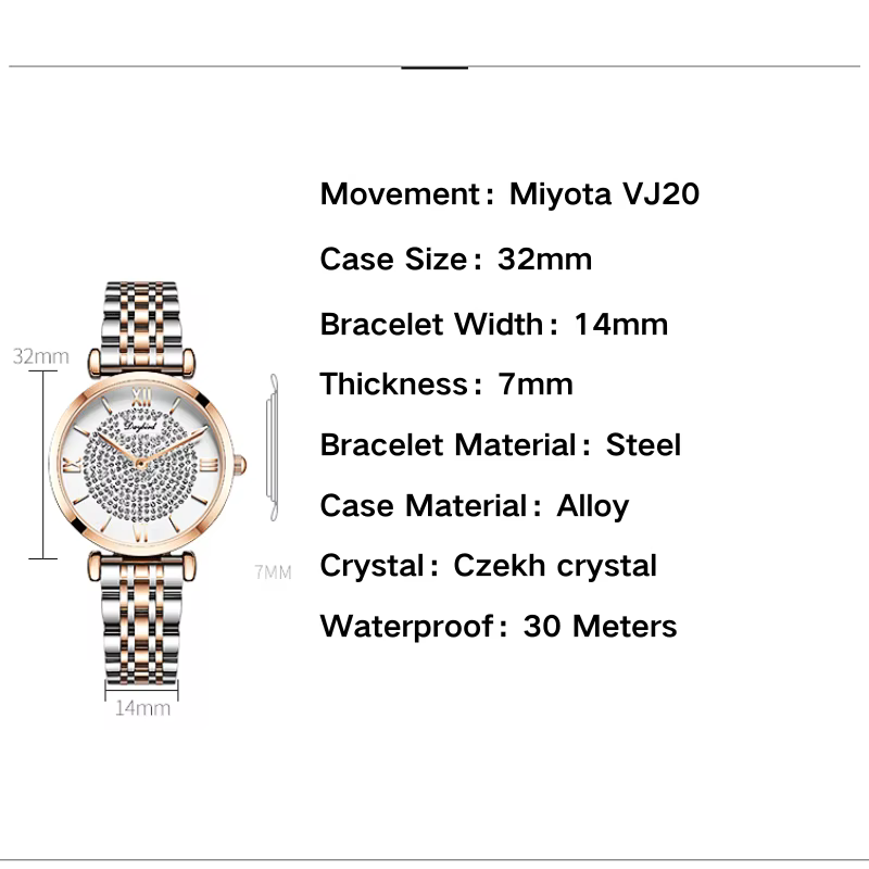 Montre à quartz pour femme série ciel étoilé avec mouvement Miyota VJ20 32 mm de diamètre et de 7 mm d'épaisseur incrustée de diamant tchèque 3 ATM