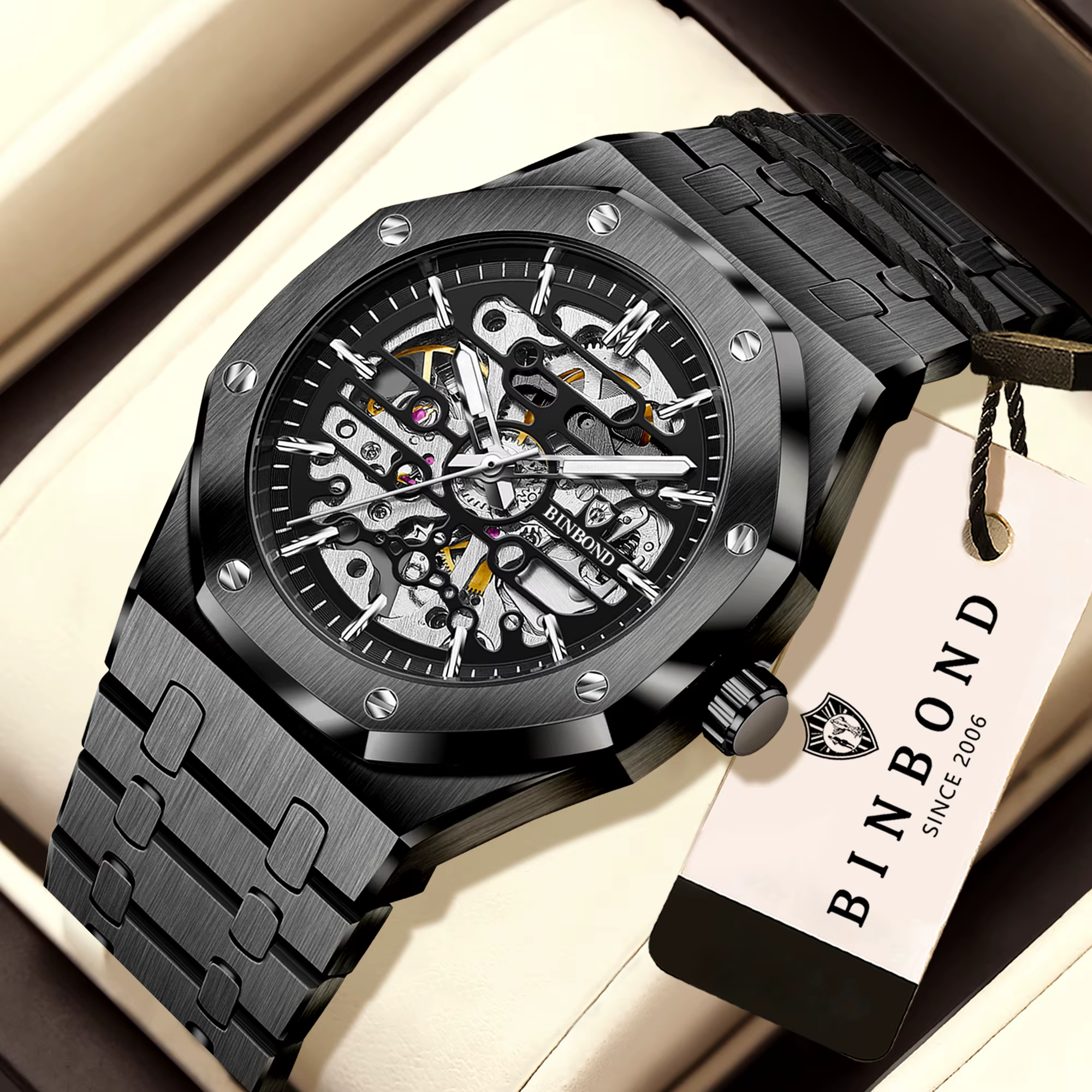 Montres mécaniques squelette tourbillon originales BINBOND pour hommes