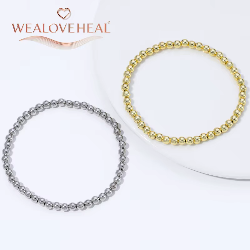 Bracelet extensible classique en laiton plaqué or 18 carats avec perles rondes, bracelet élastique lisse et délicat, style unisexe, bijou de main simple