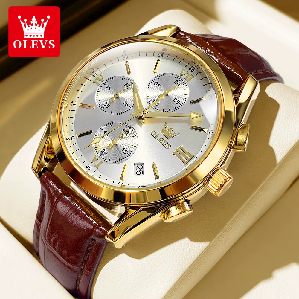 OLEVS 2872 chronographe hommes montres bracelet en cuir étanche lumineux Original montre à Quartz