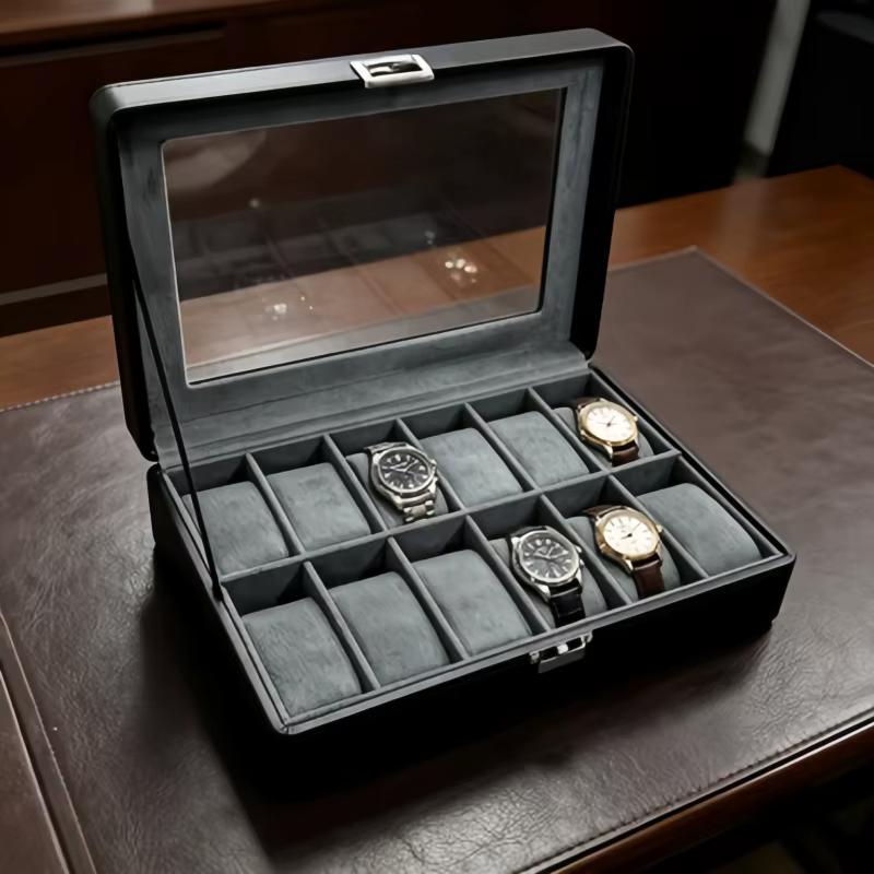 Boîte à montres en cuir de luxe à 12 emplacements avec serrure
