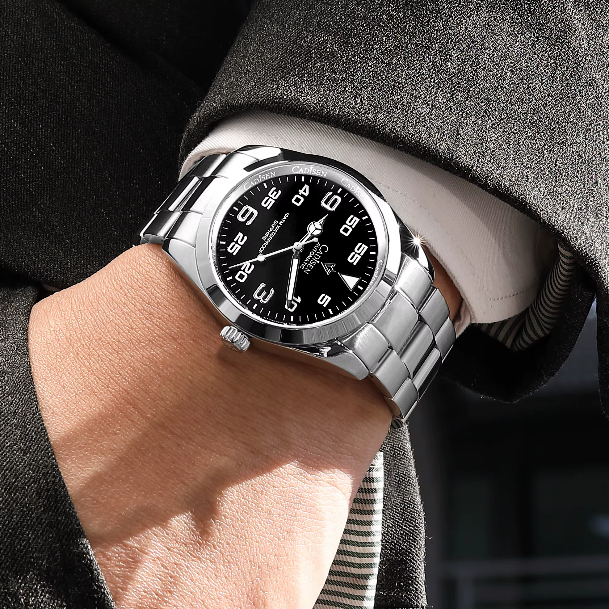 CADISEN Montre pour Hommes Top Marque De Luxe Cadran Noir Montres Automatiques Lumineux Étanche Mécanique
