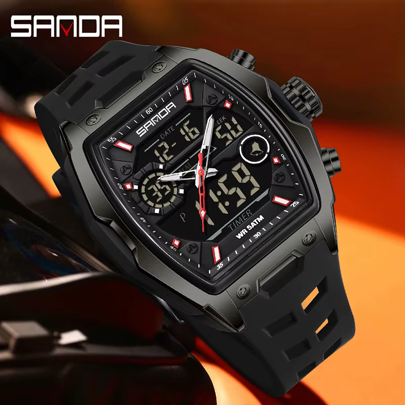 SANDA double affichage montre électronique baril grand cadran sport LED analogique numérique chronographe militaire montre-bracelet relogio masculino