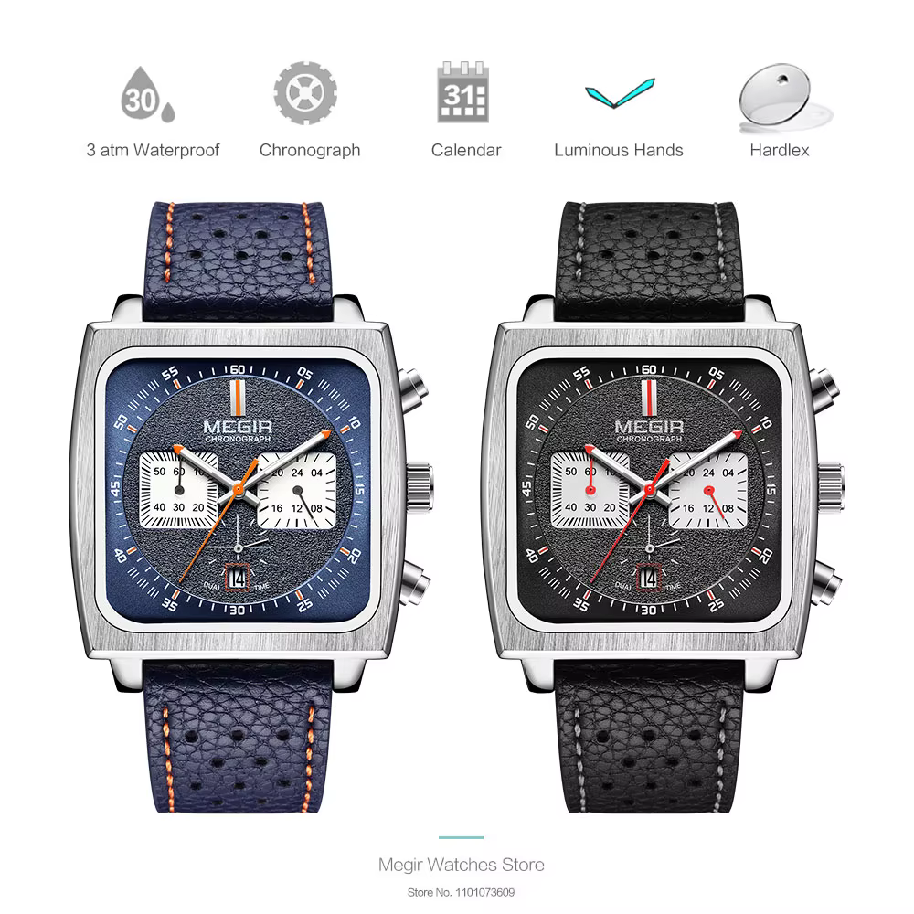 Montre MEGIR à cadran carré bleu pour homme