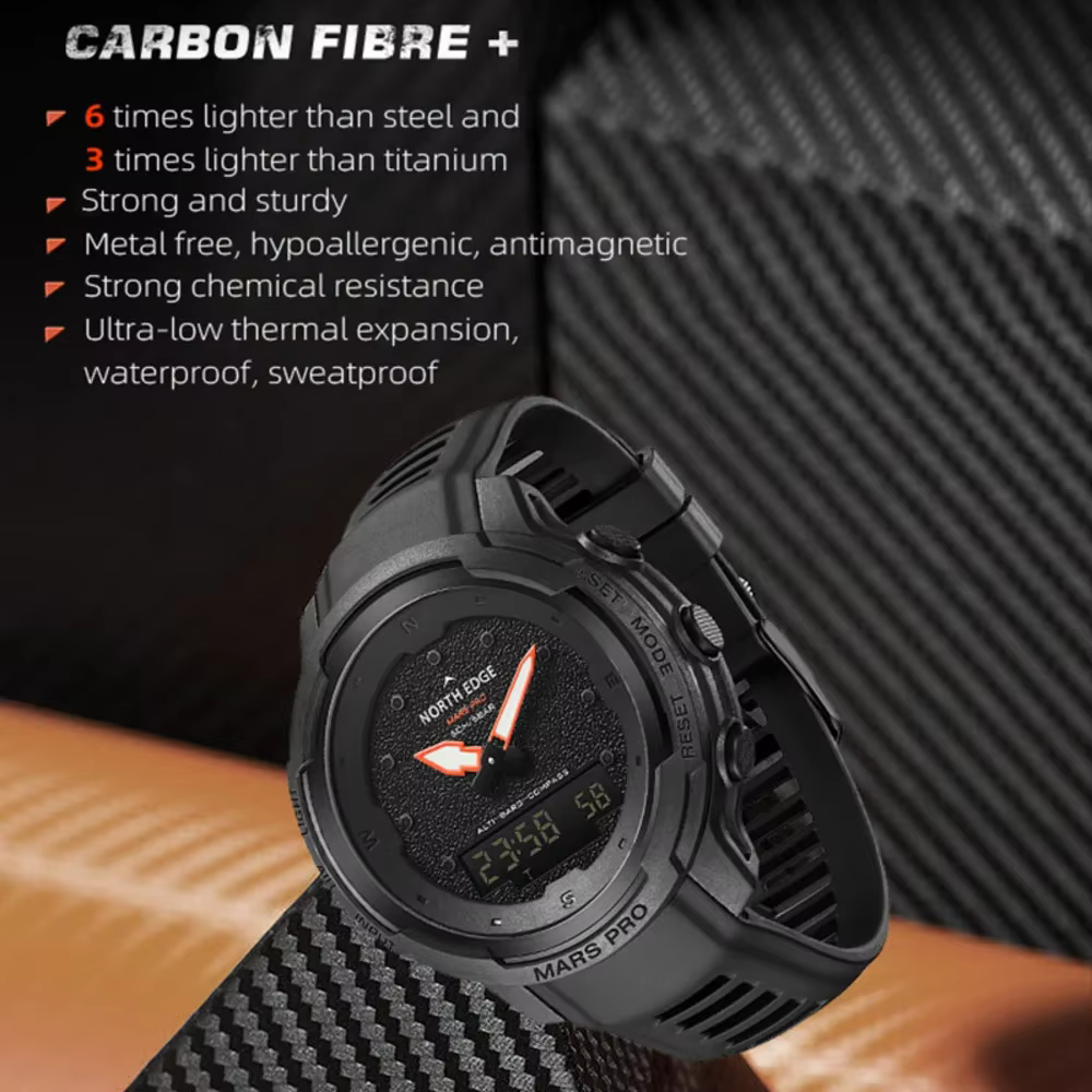 NORTH EDGE montres pour hommes Sports de plein air mâle horloge en Fiber de carbone Altituder boussole 50M étanche