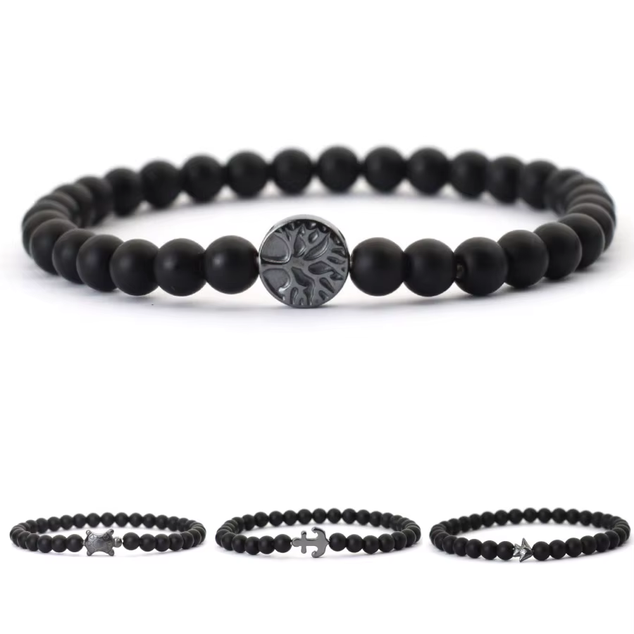 Marine Turtle Anchor Tree Of Life Beaded Bracelet For Men Women Handmade 6mm Black Stone Yoga Meditation Strand Braslet Pulsera