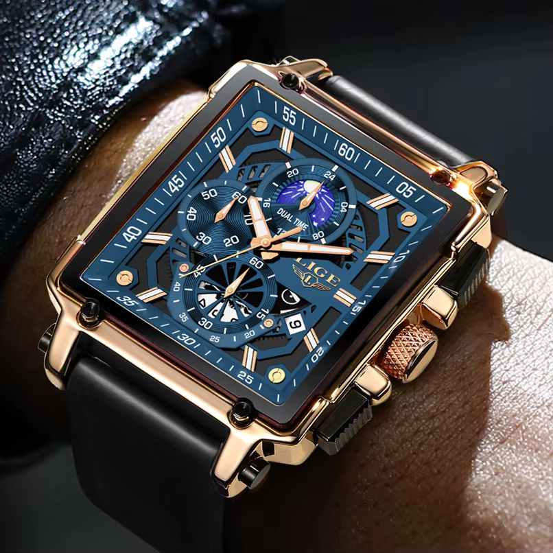 Montres pour hommes LIGE Top marque de luxe chronographe montre de sport carrée mode