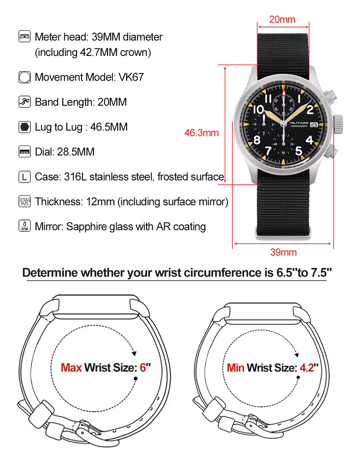 Militado Ml1868KF montre VK67 chronographe montres à Quartz lumineux AR saphir cristal 100M étanche 39Mm montre-bracelet militaire