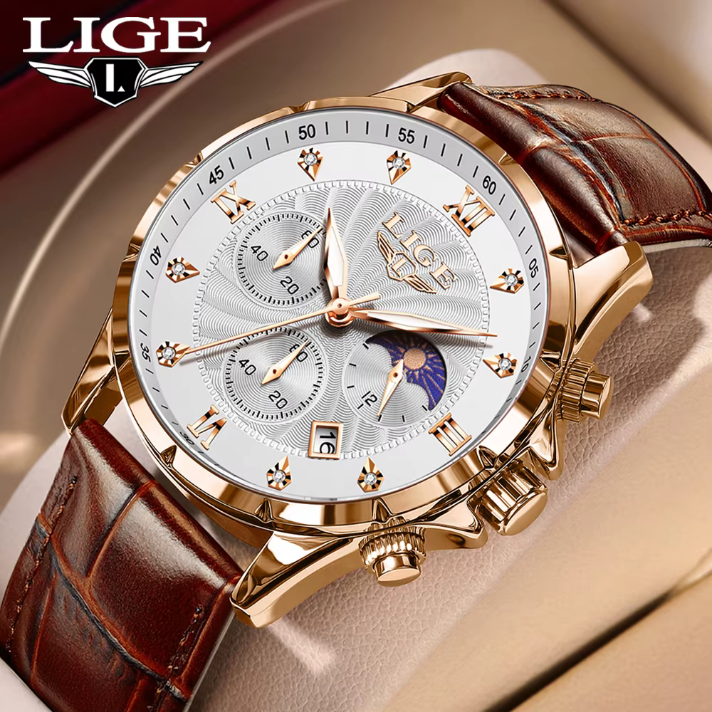 LIGE montre pour hommes de luxe affaires lumineux étanche montres en cuir Phase de lune semaine Date montre à Quartz décontractée hommes Reloj hombre