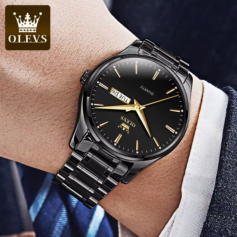 OLEVS classique or montres pour haut de gamme de luxe affaires en cuir étanche lumineux en acier inoxydable hommes montre-bracelet à Quartz
