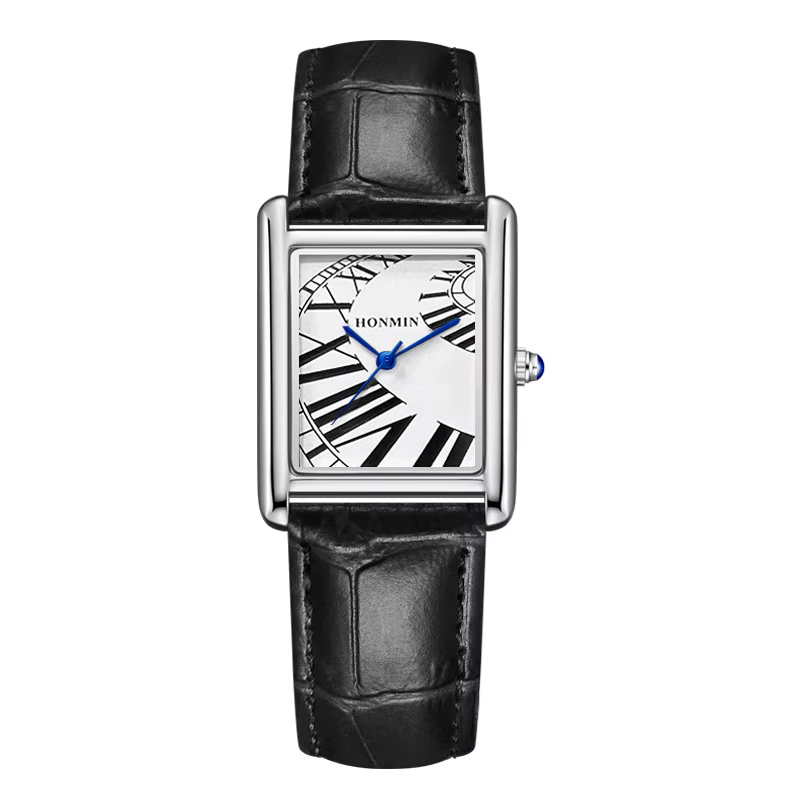 Nouvelle montre inhabituelle pour hommes Reloj noir blanc argent or Quartz montre-bracelet homme d'affaires rectangulaire en forme d'horloge bracelet en cuir